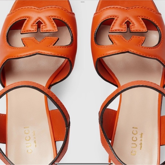 GUCCI WOMENS INTERLOCKING G CUTOUT ORANGE SANDALS NIB GORGEOUS 37.5 - Picture 6 of 7